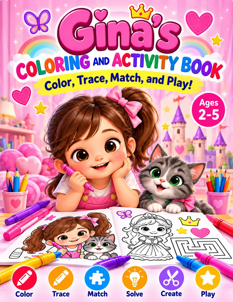 Cover of Gina's Coloring and Activity Book, ages 2 to 5, with Gina and Nuli the kitten.