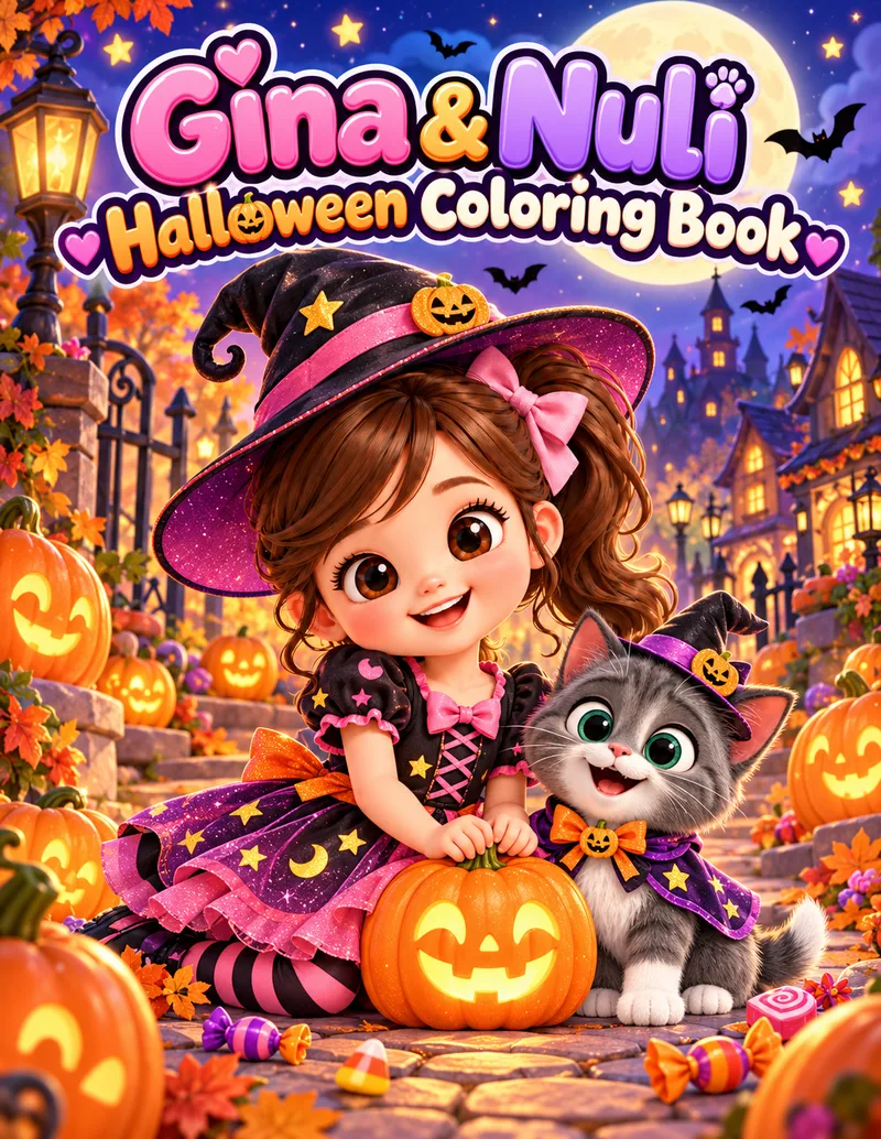 Cover of Gina & Nuli Halloween Coloring Book, with Gina and Nuli dressed as little witches next to a glowing pumpkin.