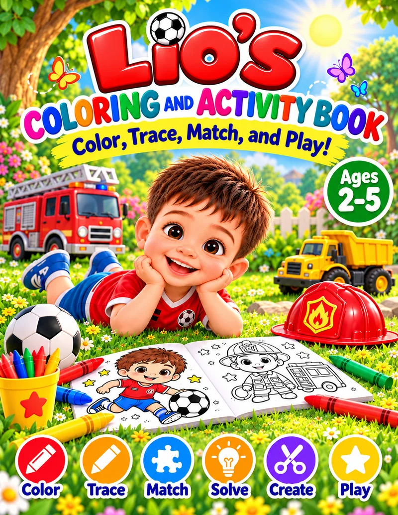 Cover of Lio's Coloring and Activity Book, ages 2 to 5, with Lio lying on the grass next to a soccer ball, a fire truck and a dump truck.
