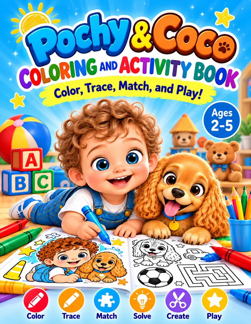 Cover of Pochy & Coco Coloring and Activity Book, ages 2 to 5, with Pochy and Coco coloring together.