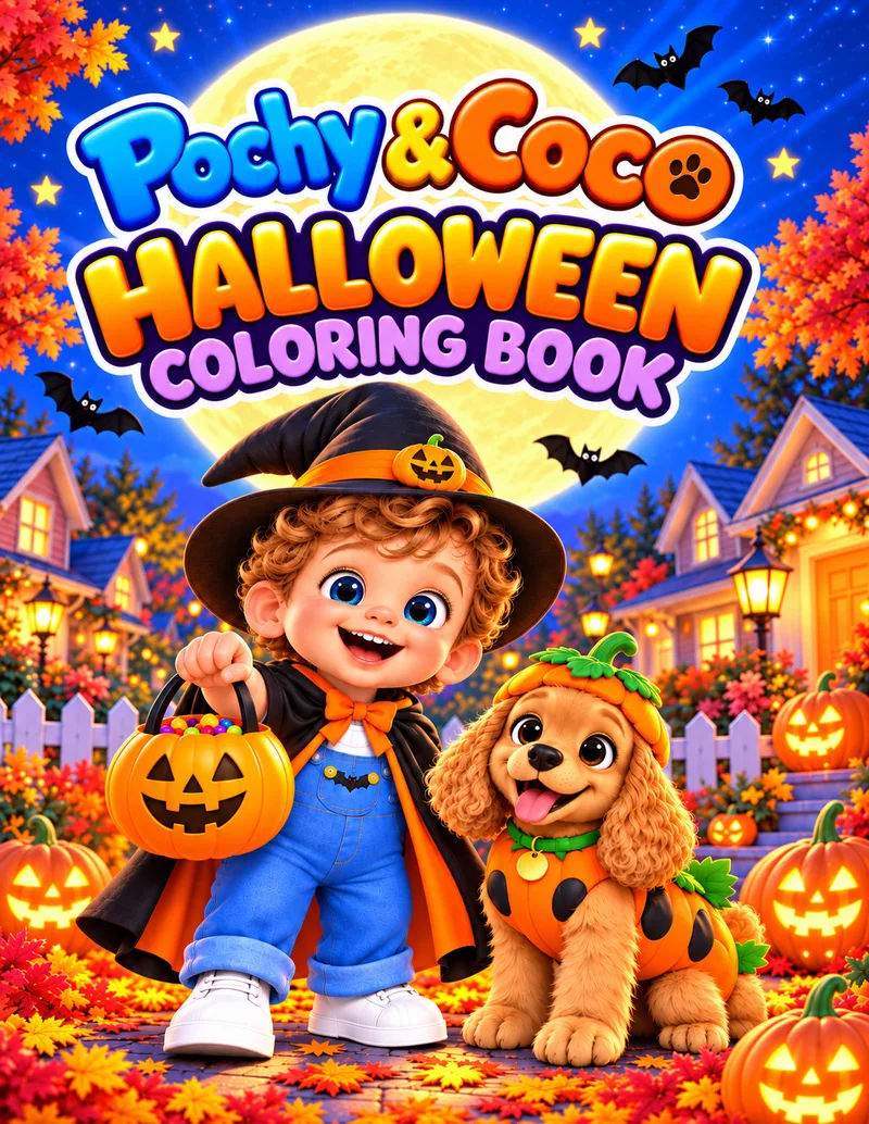 Cover of Pochy & Coco Halloween Coloring Book, with Pochy and Coco in cute costumes.