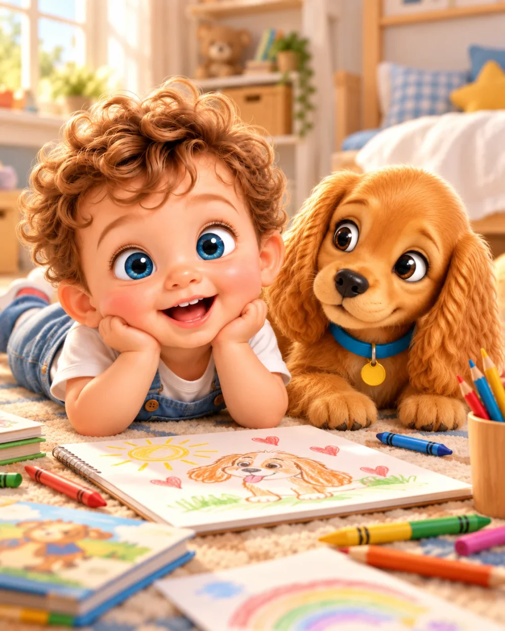 Pochy lying on the floor with Coco the puppy, smiling next to crayons and a drawing.