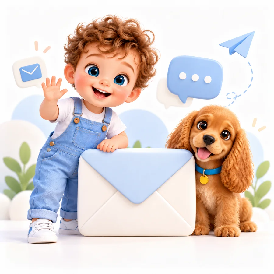 Pochy waving next to a big envelope, with Coco the puppy.