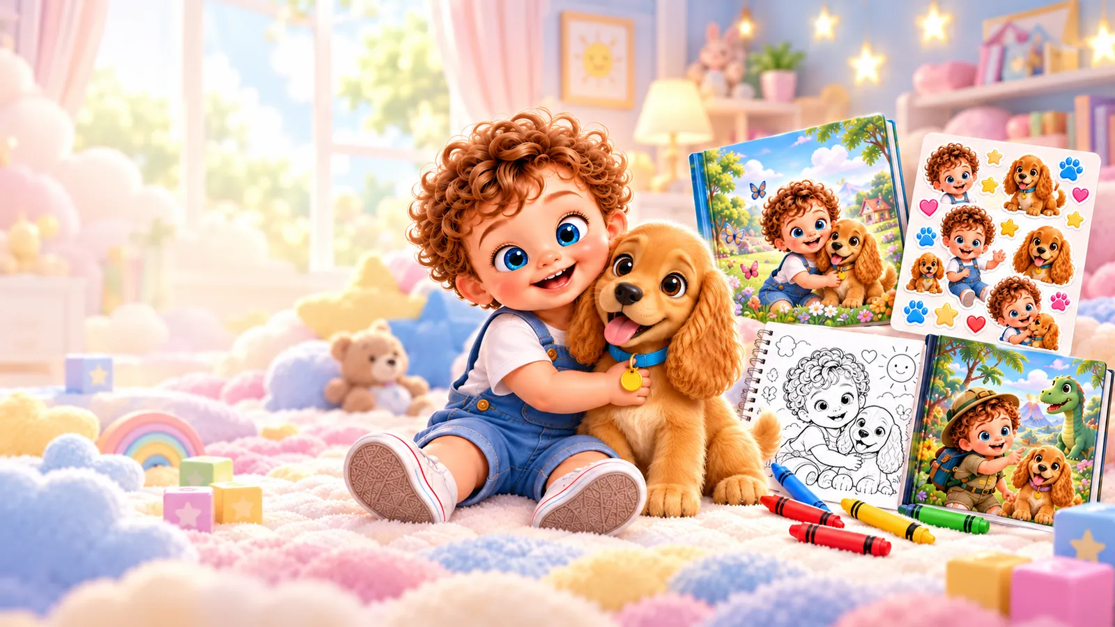 Pochy hugging Coco the puppy, with a storybook, a sticker sheet, a coloring book and an adventure book beside them.