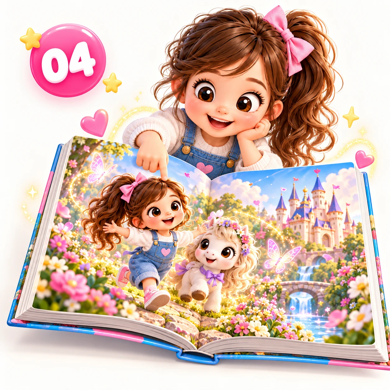 A little girl pointing at an open storybook where she appears as the character, in a flowery garden by a castle.